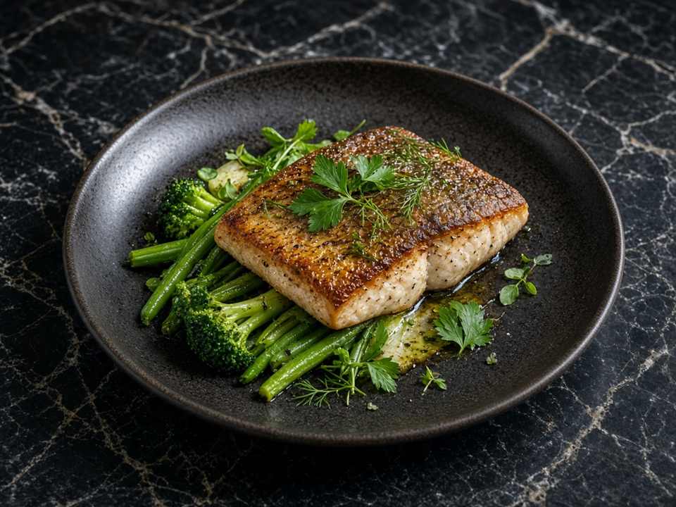 Assiette de cabillaud, légumes verts et herbes, servie à la table de SlickDisherie.com.