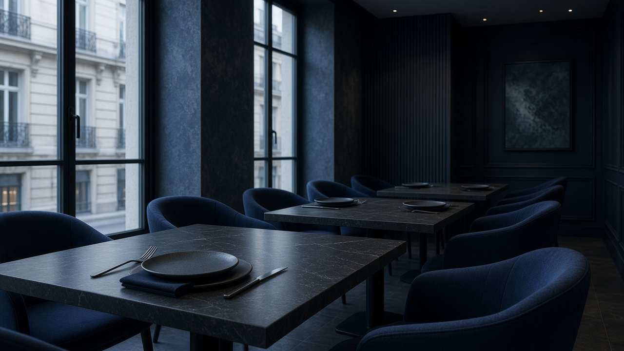 Salle à manger de SlickDisherie.com, tables de pierre et chaises bleu nuit avant le service, quartier de l'Opéra.
