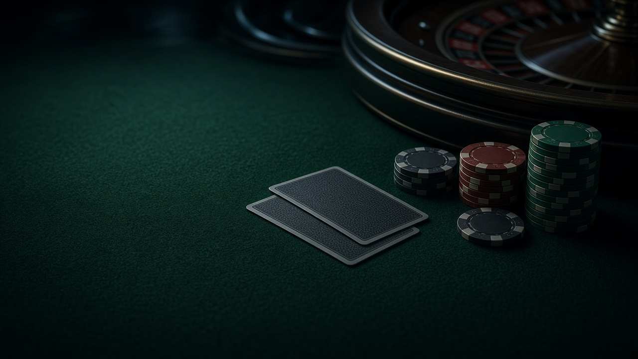Tapis vert, jetons, cartes face cachée et roulette dans le salon de SlickDisherie.com.